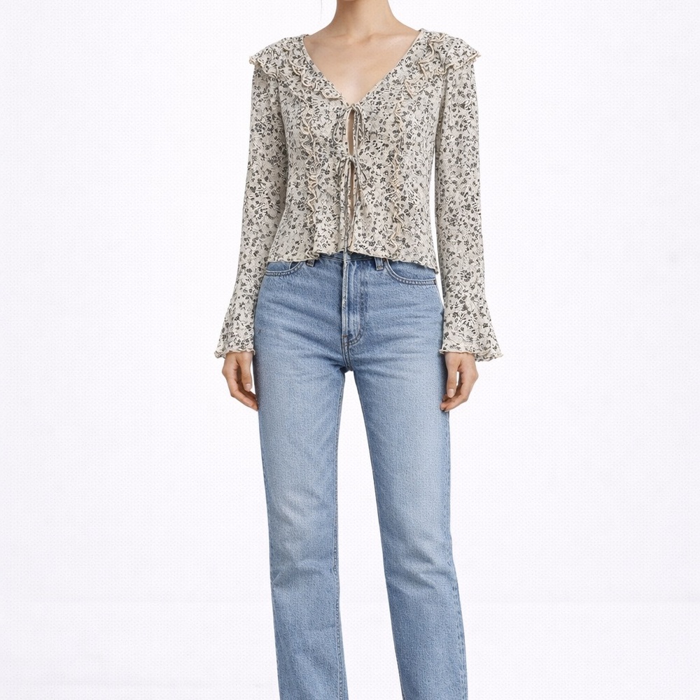 Floral Printed Micro Mesh Long Sleeve Top